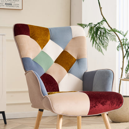Patchwork Accent Chair High Back Armchair with Memory Foam Cushion & Hardwood Legs – 330 lbs Capacity Linen Upholstered Reading Chair for Living Room Bedroom Home Office, 6 Colors
