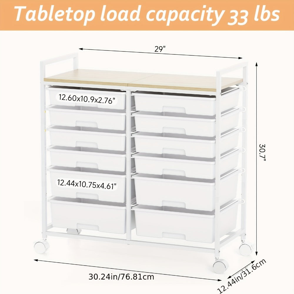 12 Drawer Rolling Storage Cart with Tabletop & Locking Wheels - Mobile Organizer Cabinet for Craft Room, Home Office, Classroom & Art Studio | 8 Small + 4 Large Drawers, Metal Frame | White Rainbow Green