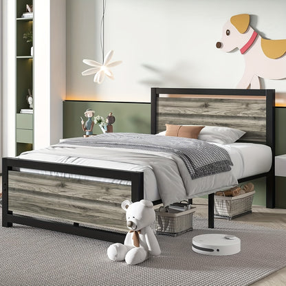 Metal Bed Frame Twin Full Queen Size Metal Bed Frame with Headboard, Wooden Steel Slat Support, Heavy Duty Platform, Under-Bed Storage, Available In White, Black, Brown, Grey