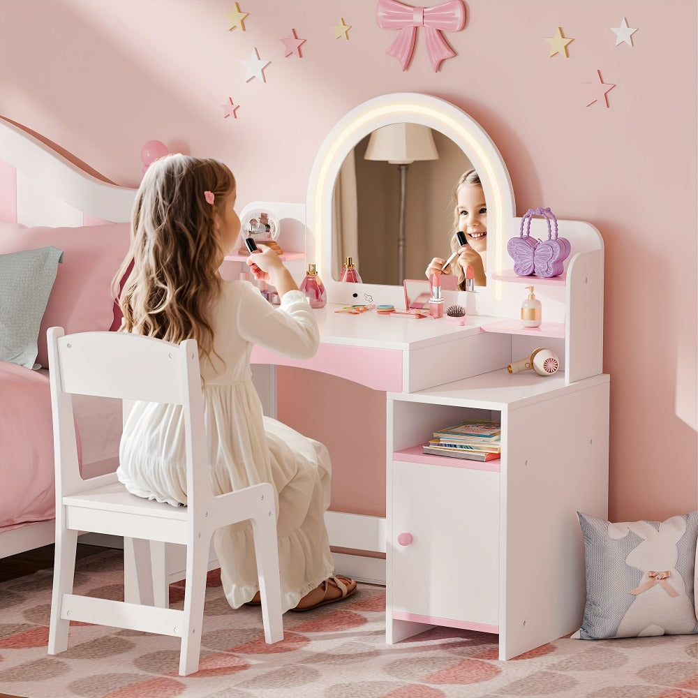 Girls' 2-in-1 Princess Vanity Set with Lighted Mirror (Cool/Warm) - Makeup Desk & Chair with Storage Cabinet, Bookshelf & Shelves, MDF Beauty Table for Toddler Girls Room, Easy Assembly Required - Ideal Kids Furniture Gift for Birth