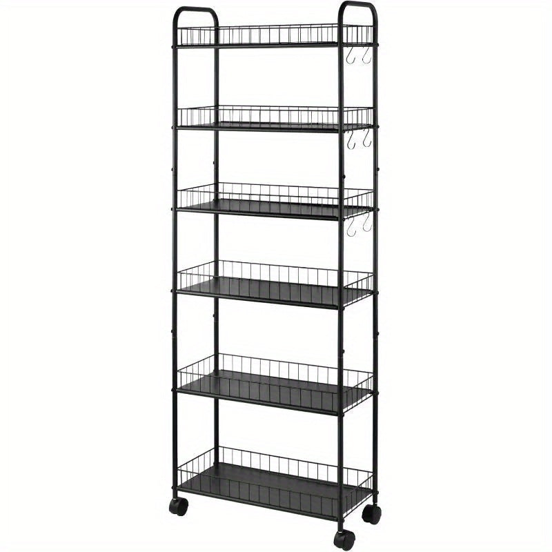 A Slim, Six-Tiered Storage Cart on Wheels, Designed for Utility And Mobility, Perfect for Organizing Spaces in The Kitchen Or Bathroom. Available in Black, with Dimensions Ranging from 6 to 10 Inches