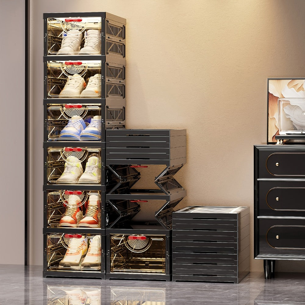 Black Shoe Storage Cabinet 5/6 Tier Foldable Modular with Flip-Top Lid & Clear See-Through Window, Stackable Shoe Organizer for Entryway Closet Bedroom