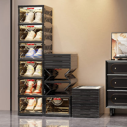 Black Shoe Storage Cabinet 5/6 Tier Foldable Modular with Flip-Top Lid & Clear See-Through Window, Stackable Shoe Organizer for Entryway Closet Bedroom