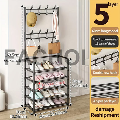 Metal Shoe Rack with Coat Hooks 5 or 10 Layer, Freestanding Shoe and Coat Organizer with Detachable Hooks for Entryway Hallway Apartment, Black White