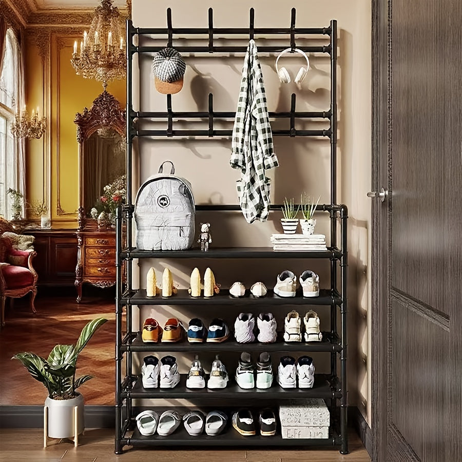 Black Metal Entrance Storage Rack with Hooks - Multi-Layer Shoe Racks, Hangers, And Household Storage - Perfect for Shoes, Hats, Bags, And Umbrellas - Stylish Modern Entrance Hallway Shelves, Shoe Rack Storage Boxes, Closet Organization Systems
