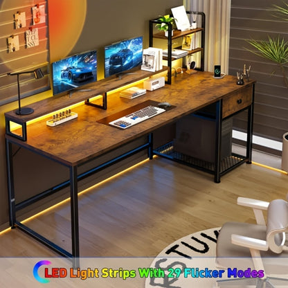 L-Shaped Computer Desk with Power Outlets and Storage Shelves, Corner Gaming Desk for Home Office Bedroom Dorm, Wood Metal Writing Study Desk with Monitor Stand in 3 Colors 4 Sizes