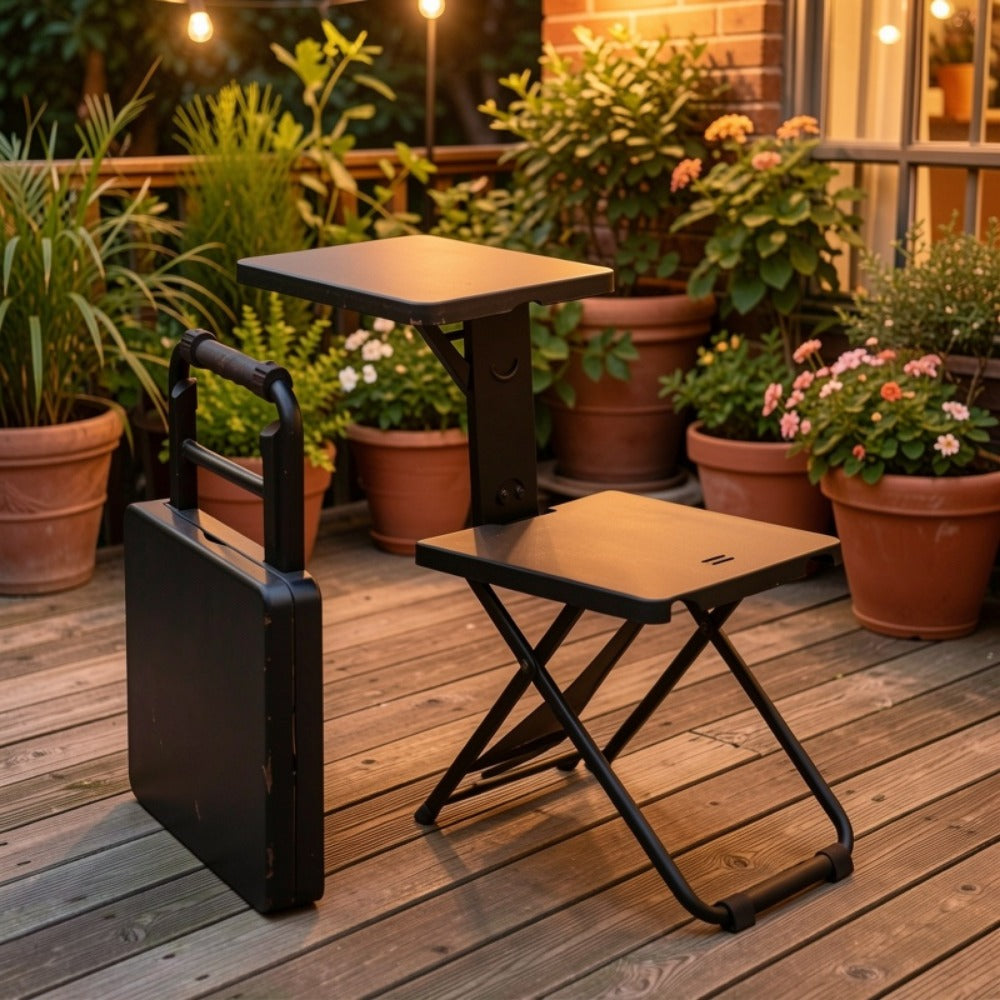 3-in-1 Portable Folding Table and Chair Set Vintage Iron Lightweight Compact for Outdoor Camping Study Vendor Market Writing Desk Folds Like a Handbag