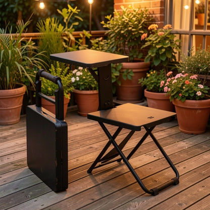 3-in-1 Portable Folding Table and Chair Set Vintage Iron Lightweight Compact for Outdoor Camping Study Vendor Market Writing Desk Folds Like a Handbag