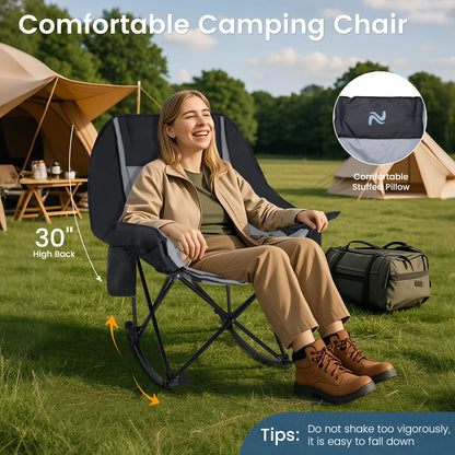 Oversized Rocking Camping Chair, Fully Padded Patio Chair with Cooler Bag and Side Pocket, High Back Portable Lawn Recliner Rocker Chairs for Camp, Patio, Supports 400 lbs