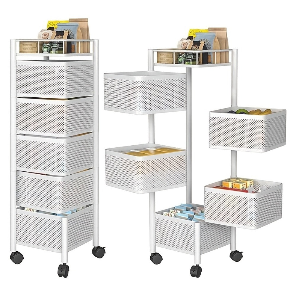 5-Tier Rotating Kitchen Storage Shelf with Wheels, Metal Fruit & Vegetable Basket Rack Storage Trolley, Floor-Standing Multi-Layer Organizer for Kitchen & Bathroom, Square