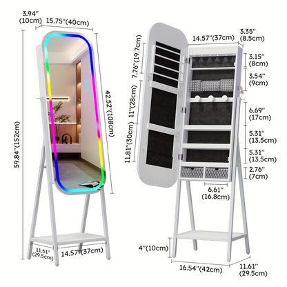 LED Jewelry Cabinet with Mirror Lockable Arched Floor Standing or Wall Hanging Jewelry Organizer for Necklaces Rings Earrings – USB Powered RGB Lights, White