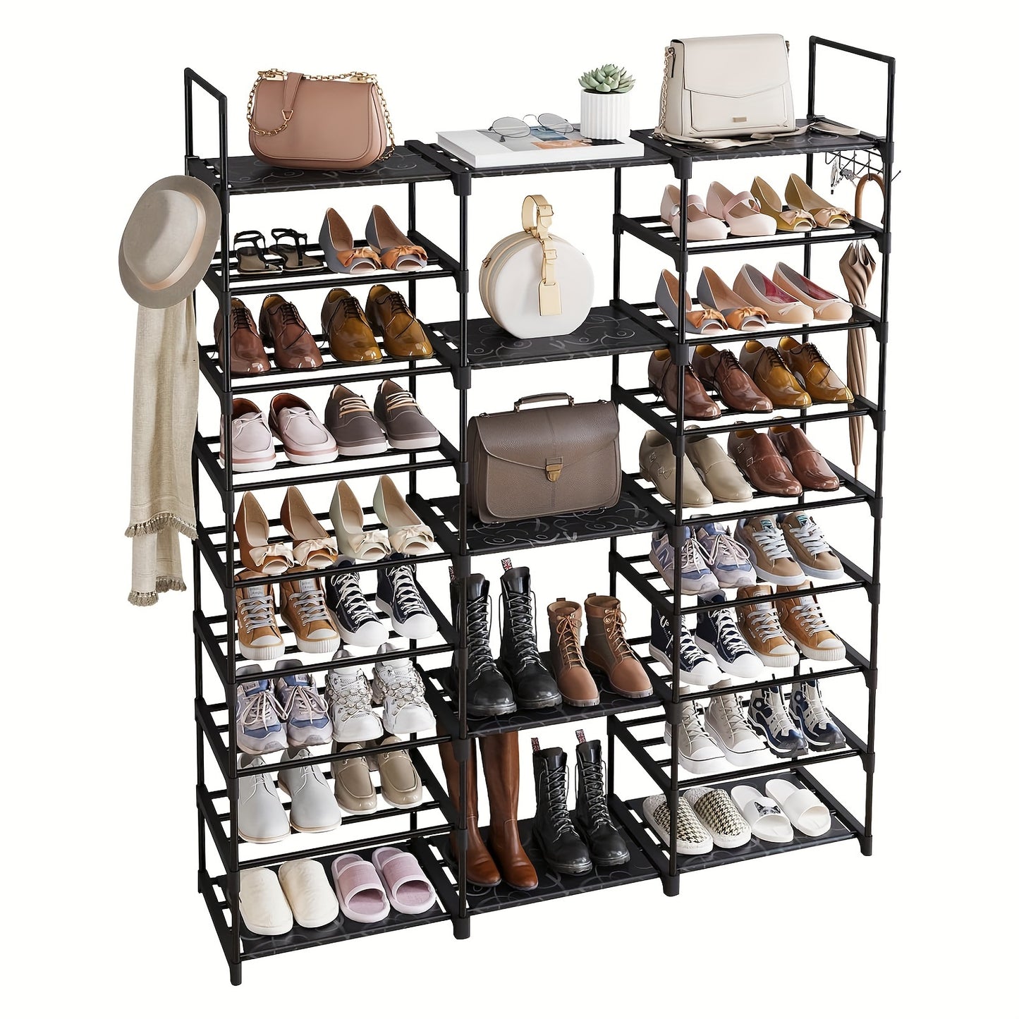 1pc 9 Tier Shoe Rack Organizer(129.5 Depth X 26.9 Width X 155.4 Height Cm), Black, 50-55 Pairs, Stackable Metal Shelf With Hooks For Entryway, Shoe Racks For Bedroom Closet, For Halloween And Christmas