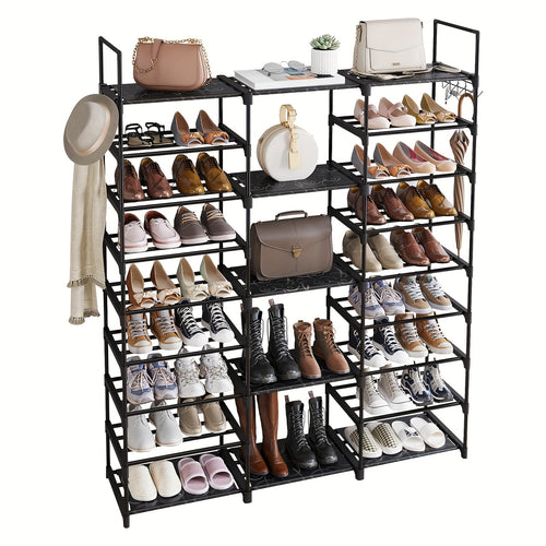 1pc 9 Tier Shoe Rack Organizer(129.5 Depth X 26.9 Width X 155.4 Height Cm), Black, 50-55 Pairs, Stackable Metal Shelf With Hooks For Entryway, Shoe Racks For Bedroom Closet, For Halloween And Christmas