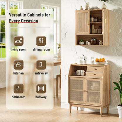 Modern Fluted Bathroom Wall Cabinet, 2-Door Medicine Cabinet with Golden Handles, Wall Mounted Storage Organizer Over The Toilet for Laundry Room & Kitchen