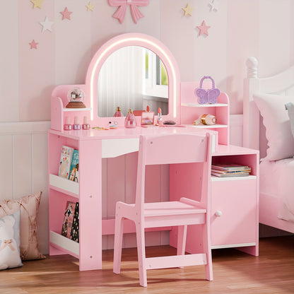 Girls' 2-in-1 Princess Vanity Set with Lighted Mirror (Cool/Warm) - Makeup Desk & Chair with Storage Cabinet, Bookshelf & Shelves, MDF Beauty Table for Toddler Girls Room, Easy Assembly Required - Ideal Kids Furniture Gift for Birth