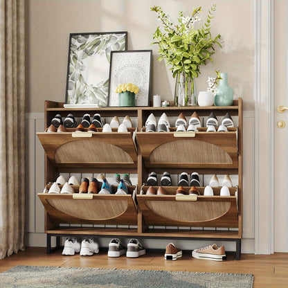 Rustic Oak Rattan Shoe Storage Cabinet, 2/3/4 Flip Drawers Freestanding Narrow Shoe Organizer, Shoe Rack With Sturdy Metal Legs And Hidden Golden Handles, Space Saving Hidden Footwear Storage Furniture Perfect For Entryway Hallway Front Door Home De