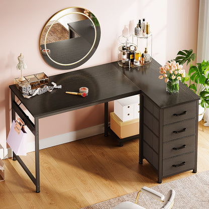 Reversible L Shaped Vanity Desk with 4 Drawers, Small White Computer Desk & Vanity Table with Storage, Study Desk with Hook, Corner Desk for Home Office