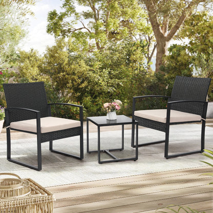 Outdoor Chairs with Bistro Table Furniture Set, Wicker Rattan 3pc Conversation Set includes 2 Waterproof Chairs with Thick Cushions and 1 Bistro Table with Safety Glass Top, Clearance