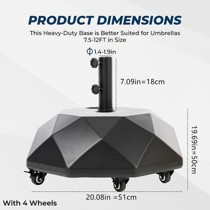 Heavy Duty Patio Umbrella Stand Base with Wheels – Refillable HDPE 95–225 LB, 4 Wheels, 2 Locks, Fits 6–12ft Umbrellas, Rolling Market Umbrella Weight Base for Lawn, Garden, Deck & Poolside