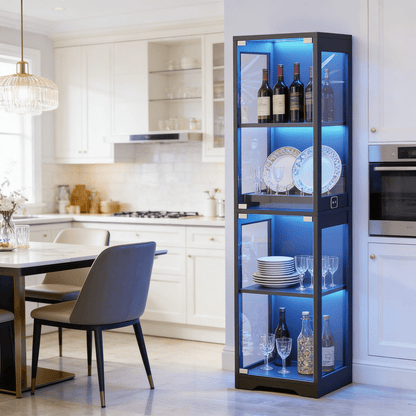Single Door Glass Display Cabinet 4 Tier with 3 LED Lights Smart Motion Sensor Large Capacity Storage for Tableware Cups Wine Dining Room Living Room Black White