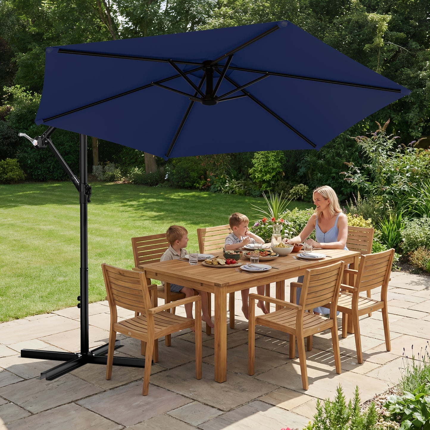 10-Foot Cantilever Patio Umbrella Featuring an Infinite Tilt Mechanism, Offset Outdoor Umbrella with a Cross Base, Durable Crank Lift Market Umbrella Suitable for Yards, Gardens, And Decks (Weighted Base Sold Separately)