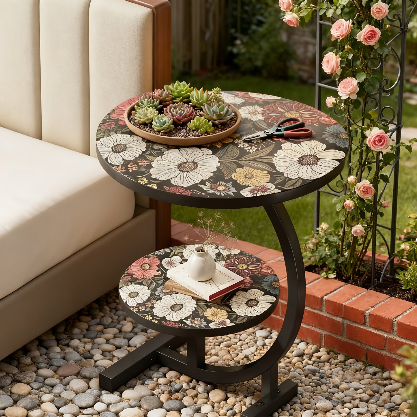 3-in-1 Modern Floral Pattern Multifunctional Courtyard Round Table - Convertible Coffee/side Table/outdoor Furniture, Double-layer Design, Wooden Tabletop And Metal Frame, Suitable for Courtyard, Garden/outdoor Use - Space Saving Circular Design