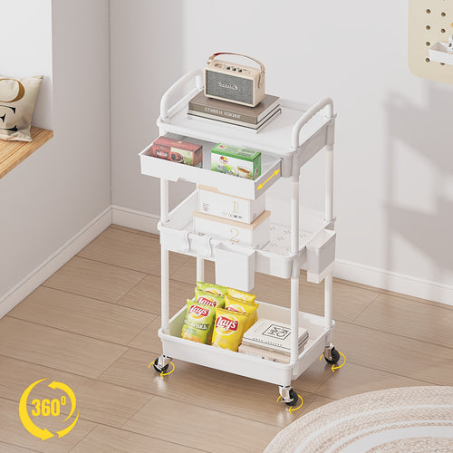 Rolling Utility Cart with Drawer - 360° Swivel Wheels, Plastic Shelves & Metal Frame, Multifunctional Storage Organizer for Bathroom, Kitchen, Office, Lab, Living Room - No Power Needed, Rolling Storage Cart, Home Organization, Compact Design, Durable Con