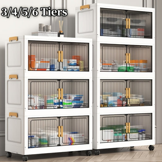 50CM-19.7" Large Capacity Foldable Medicine Cabinets with Lid, 3/4/5/6 Tier Stackable Medicine Box/Organizer with Casters, Multi-Purpose Cube Storage, Toilet Paper Storage Container, for Home, Office, Dorm Organization & Storage (Transparent)