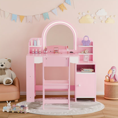 Girls' 2-in-1 Princess Vanity Set with Lighted Mirror (Cool/Warm) - Makeup Desk & Chair with Storage Cabinet, Bookshelf & Shelves, MDF Beauty Table for Toddler Girls Room, Easy Assembly Required - Ideal Kids Furniture Gift for Birth