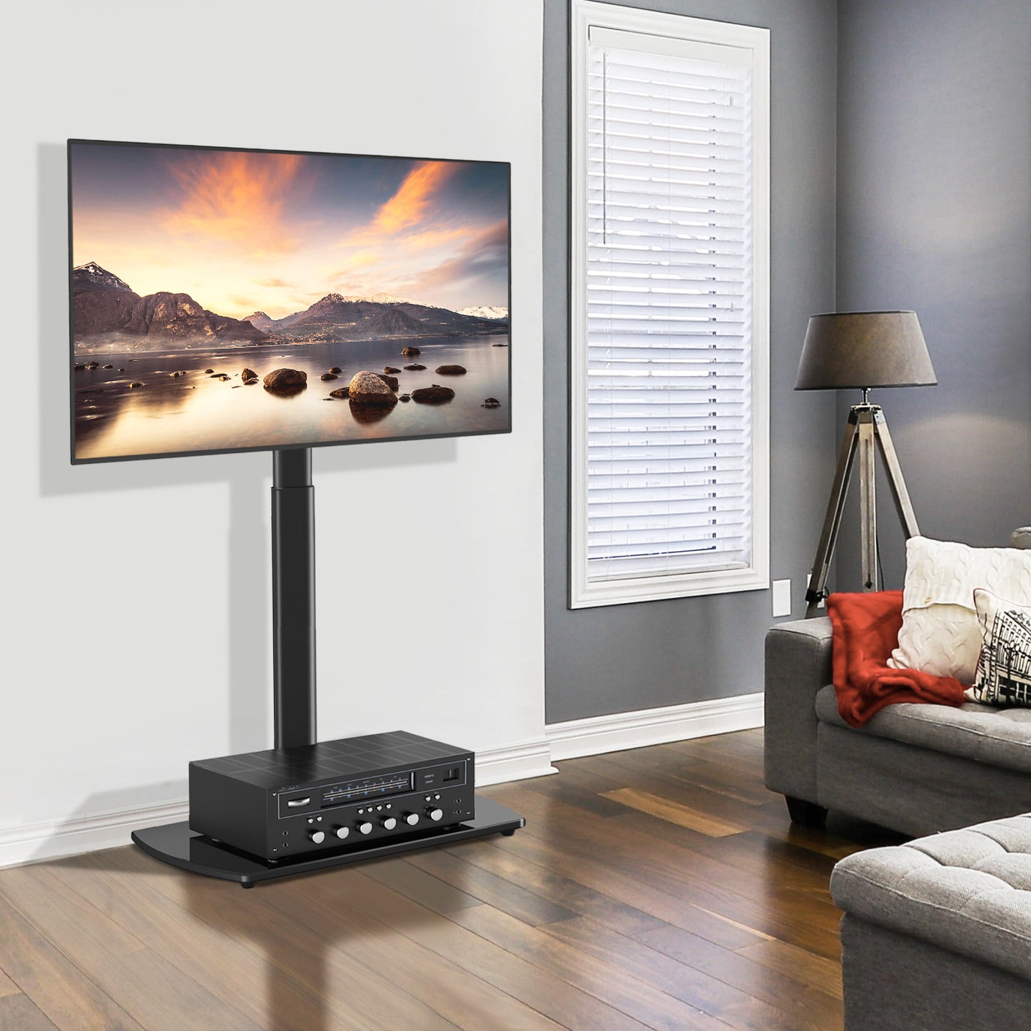 Swivel TV Floor Stand with Mount for Apple TV/Roku Ultra, Universal for 32-65 Inch LCD LED Flat Screen, Height Adjustable TV Mount Stand with Shelf, Space Saving Corner TV Stand for Home Office,C