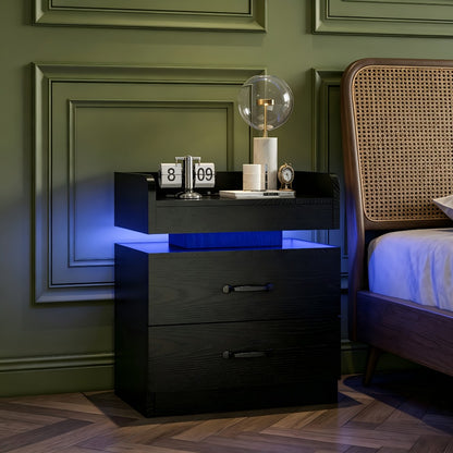 Black Nightstand with Charging Station, Night Stand with LED Lights, Modern LED End Table Nightstand for Bedroom, Bedside Table with 2 Drawers, Bed Side Table with Storage for Living Room