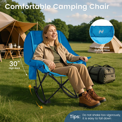Oversized Rocking Camping Chair, Fully Padded Patio Chair with Cooler Bag and Side Pocket, High Back Portable Lawn Recliner Rocker Chairs for Camp, Patio, Supports 400 lbs