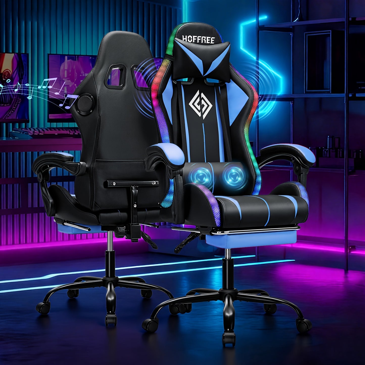 LED Gaming Chair with Wireless Speakers And Massage, Big And Tall Video Game Chair for 397Lbs with Footrest, Reclining High Back Computer Desk Chair