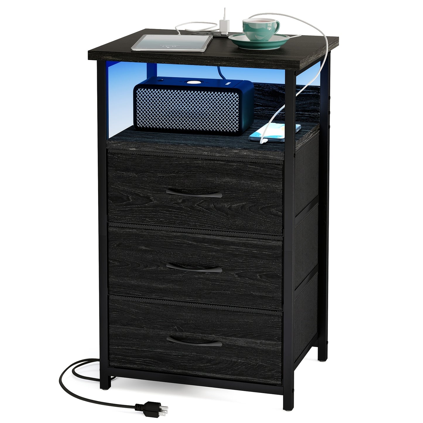 [Halloween Christmas] TOMNK Night Stand With Charging Station Set Of 1/2, Dresser For Bedroom With LED Light, Side Table With USB Port, 3/4 Fabric Drawers With PU End, For Small Spaces, Closet, School And Dormitory Storage, Entryway, For Halloween And Chr