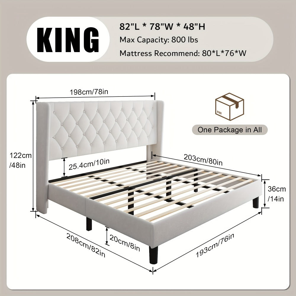 Modern Platform Bed Frame with 24-Inch Button-Tufted Headboard – Solid Wood Slats, Artistic Legs, Linen & Velvet, Dark Gray Light Grey Beige White Black, Full Queen King