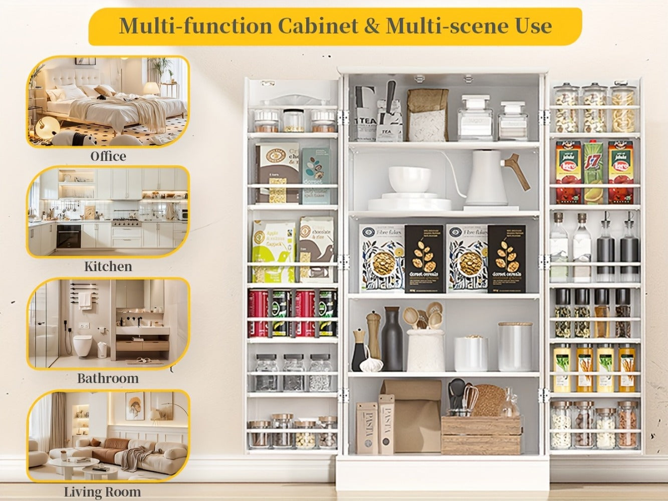 47 Inch Freestanding Pantry Cabinet with Adjustable Shelves - Kitchen Storage Cabinet Buffet Sideboard for Dining Room and Living Room