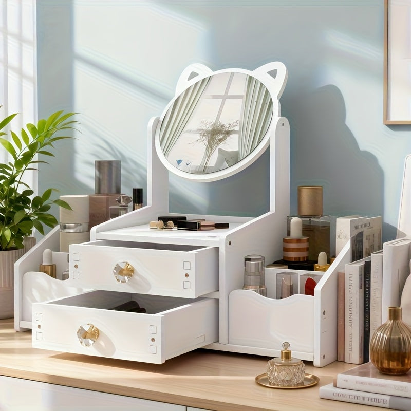 Elegant White Makeup Mirror with Storage Cabinet, Polished Surface, Space-Saving Design, Durable High-Quality Material, Sturdy Structure, Manual Assembly, Suitable for Cosmetics and Jewelry Storage