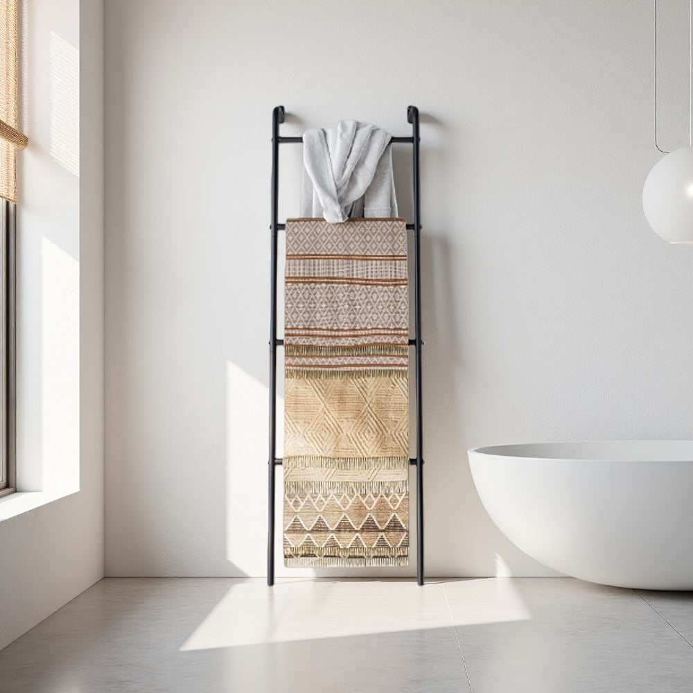 Blanket Ladder 4-Layer Metal Towel Rack Wall Leaning | Decorative Ladder Shelf for Blankets, Towels, Scarves | Space-Saving, Sturdy, Easy Assembly, Black or White