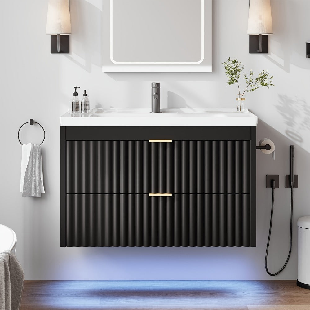 24 Inch Floating Bathroom Vanity with Sink & LED, Wall Mounted Cabinet with 3-Hole Ceramic Sink Wave Line Design 2 Soft-Close Drawers for Small Bathrooms Black White