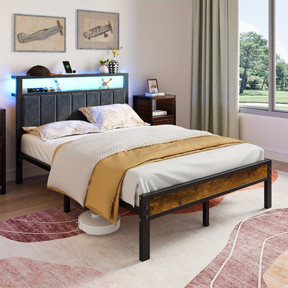Metal Platform Bed Frame with LED Headboard & Type-C Charging Station – 2-Tier Storage, No Box Spring Needed, Twin Full Queen King
