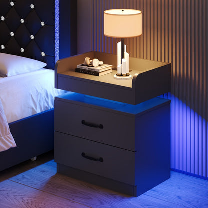 Nightstand with Charging Station LED Lights 2 Drawers Modern Black Bedside Table End Table with Storage for Bedroom Living Room