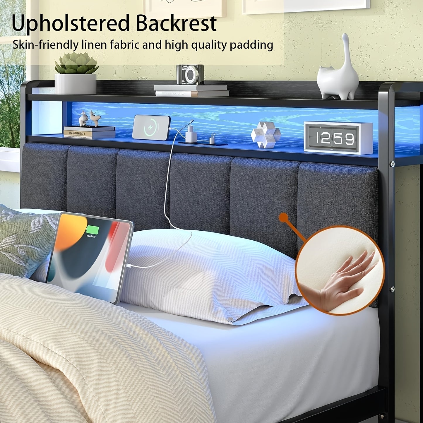 Twin Full Queen King Bed Frame with Storage Headboard And LED Lights, Charging Station, King Size Bed Frame with Headboard, Heavy-Duty Metal Slatted Base Support, No Spring Mattress Required, Easy Assembly, Grey, White, Cream