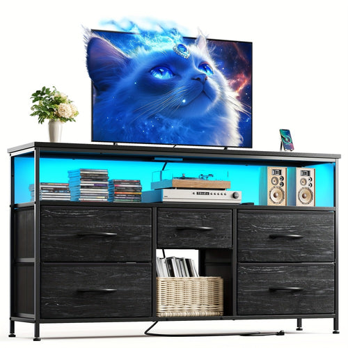 TV Stand, Dresser with Power Outlets & LED Lights, 5 Fabric Drawers Entertainment Center shown in the main product view