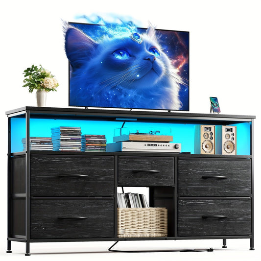 TV Stand, Dresser with Power Outlets & LED Lights, 5 Fabric Drawers Entertainment Center shown in the main product view