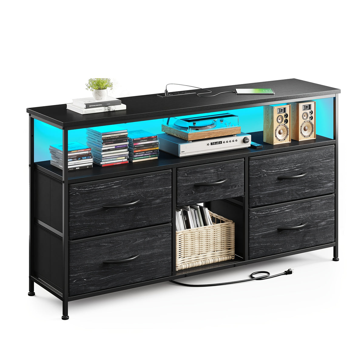 TV Stand shown in the Black Wood Grain option