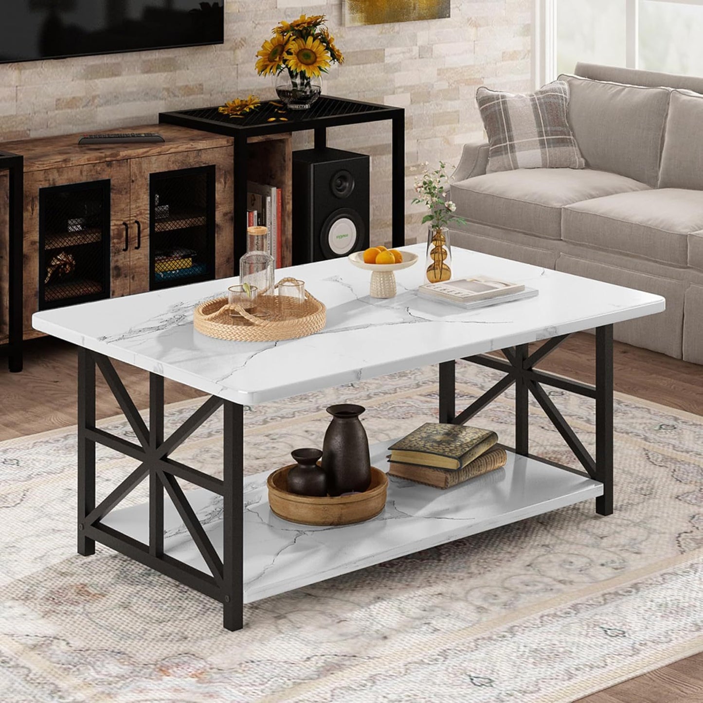 LTTROMAT Modern Coffee Table for Living Room, Faux Marble 2-Tier Coffee Table with MDF Broad & Metal Frame, Farmhouse Style Rectangular Center Table for Small Space, Space Saving Tea Table for Bedroom, Kitchen, Office