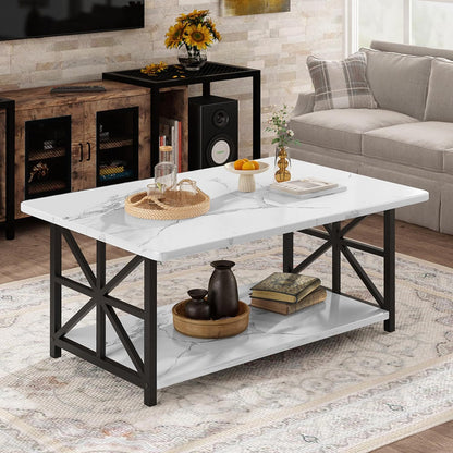 LTTROMAT Modern Coffee Table for Living Room, Faux Marble 2-Tier Coffee Table with MDF Broad & Metal Frame, Farmhouse Style Rectangular Center Table for Small Space, Space Saving Tea Table for Bedroom, Kitchen, Office