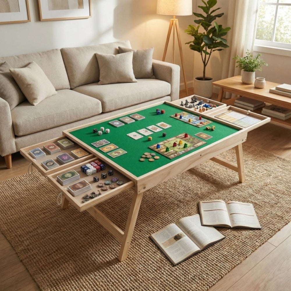 This Multifunctional Game Table Is Foldable And Features Drawer Storage Compartments. The Non-Slip, Integrated Storage Design Is Perfect for Puzzles, Board Games, And Camping - Combining Entertainment, Office Work, And Storage
