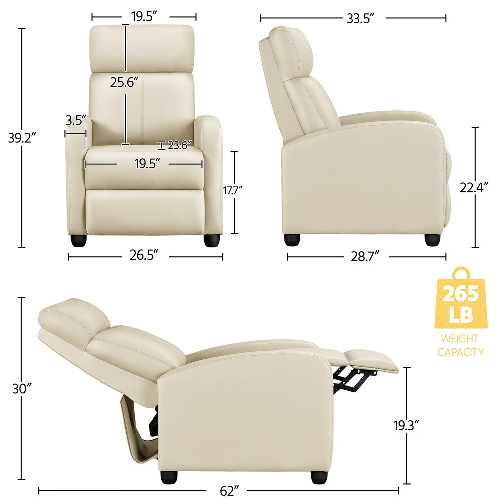 Costoffs PU Leather Recliner Chair, Modern Adjustable Single Reclining Sofa with Pocket Springs, Comfortable Upholstered Leather Armchair for Living Room, Bedroom, and Home Theater