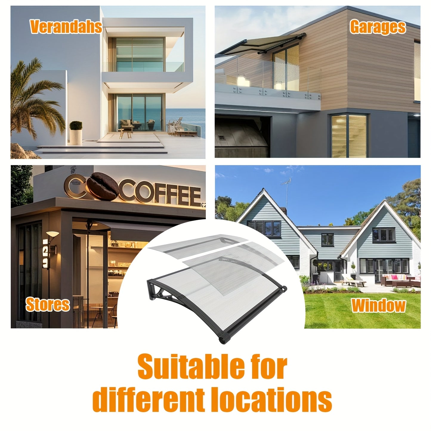 Awnings for Windows Doors with Large Gutters Rain Sun And UV Protection Patio Cover Eazy Installation, Suitable for Windows, Doors And Garage Roofs Outdoor Hollow Sheet Transparent Polycarbonate Panels Black ABS Brackets 32/40/60/80/120in